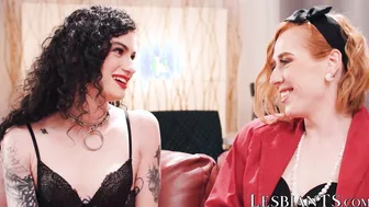 Tattooed Lydia Black rides redhead TS Shiri Allwood cock