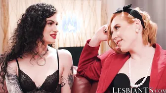 Tattooed Lydia Black rides redhead TS Shiri Allwood cock