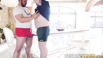 Bear daddies enjoy rimming before bareback ass slamming