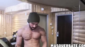 Bearded gay hunk shows his tattoos and masturbates solo