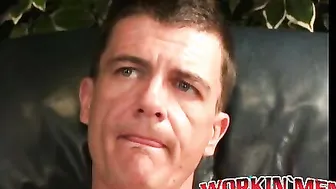 Handsome mature dude jerks off and covers his hands in cum