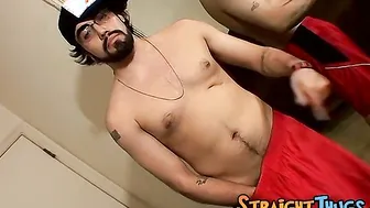 Bearded straight thug strokes his big hairy cock and cums