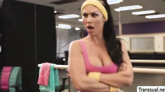 Busty TS fucks gym buddy and rides coachs cock
