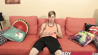 Twink plays with pocket pussy and cums after an interview