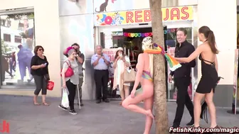 Busty body painted slave disgraced in public