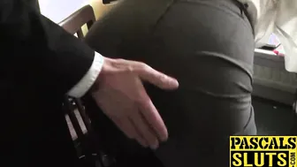 While Watching porn video – Big ass MILF with huge tits gets penetrated roughly on floor