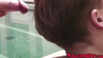 Four uncut studs exchange oral sex and anal fucking after swimming hours.