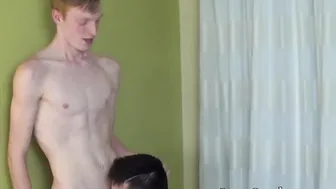 Smooth youngster moans while he chokes on a rock hard cock