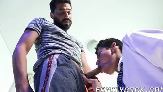 Hunk Step-Dad's Big Bare Dick Rides Young Twink in Classroom