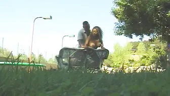 Big titted blonde in stockings riding a cock in the backyard