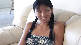 All natural black haired babe with small tits enjoys getting her twat destroyed