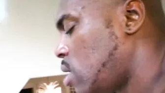 Busty ebony MILF takes care of his enormous black cock on the stairs