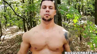 Muscular stud Angelo Godshack wanks off his cock outdoors