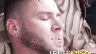 Tattooed bearded hunk strokes his huge rock hard dick