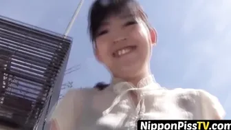 Perfect Oriental minx spilling pee on flight of stairs
