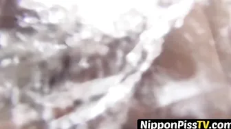 Perfect Oriental minx spilling pee on flight of stairs