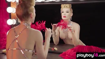 Shining burlesque babe reveals her boobs
