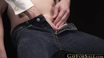 Twink groans while ace pulls his balls and dildo screws him