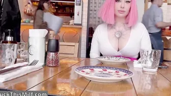 Dirty slut is tired of waiting for the order in the Restaurant and decided to have a 3