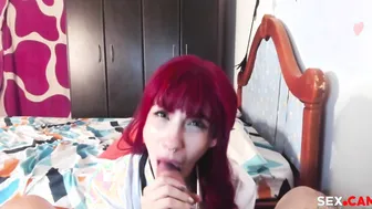 Cute readhead babe takes a huge cock in her mouth