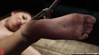 Gagged babe tormented in suspension on hogtied