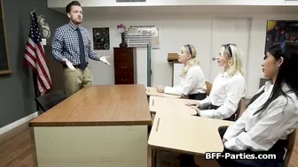 Big dick sharing foursome in the classroom