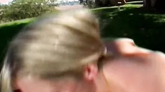 Superb blonde teen Jamie Brooks getss her shaved twat destroyed on a picnik