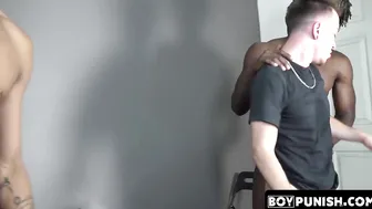 Three bareback young thieves are roasted by black guards