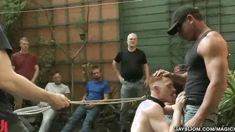 Bound employee rough flogged outdoors by his coworkers