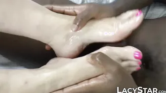 Naughty British granny gives footjob before titty fucking
