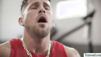Horny TS fucks gym prof while friend is watching