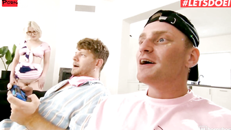 Happy gamer bros Share Busty Blonde Spectacle-wearing Horny Roommate In Cum-filled Threesome