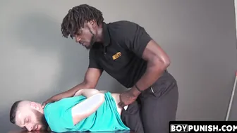 After suckling the BBC an interracial gay janitor was barebacked