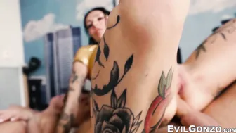 Tattooed Megan Inky double penetrated in naughty foursome