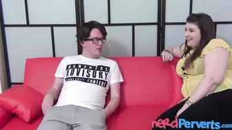 Curvy teen babe Lucy Lane blows big cock glasses nerd POV