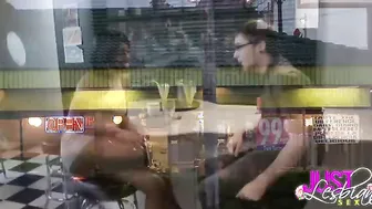 Ebony pornstars have lesbian sex in a diner