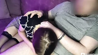 Hottie in stockings sucks dick during movie night