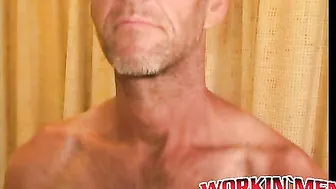 Rough older guy strips naked and tugs on his big hard cock