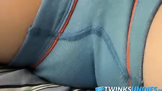 Solo twink pleases his cock in panties by jerking it off