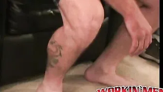 Tattooed mature guy jerks off his hard meat and cums loads