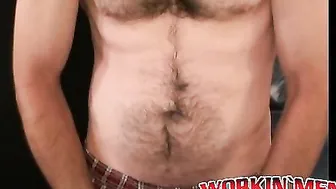 Mature guy shows off his hairy body and tugs on his big cock
