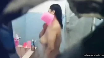 Asian Auntie's Big Boobs - Spying On Her Bathroom Fun