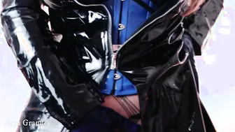 hot Woman into RUBBER Huge Coat. Bondage sluts Wearing Vinyl Dress and