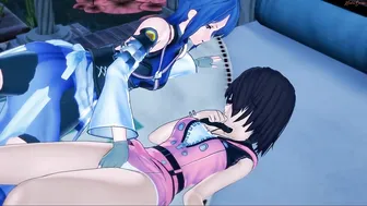 Aqua fingering and licks Kiaris vagina before tribbing.