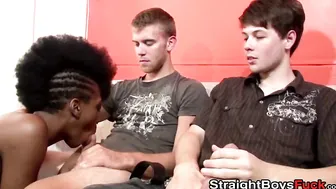 Blond jock sucked off before banging ebony threesome