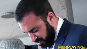 Classy stud blindfolded before throat fuck and drilling 3way