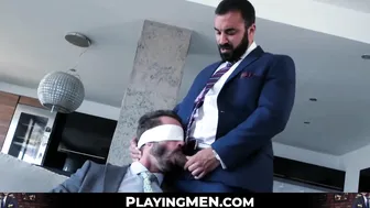 Tasteful stud blindfolded before throat fuck and penetrating 3way