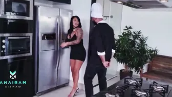 Cuckold woman receives a call from her husband when she is fucking with the chef 11