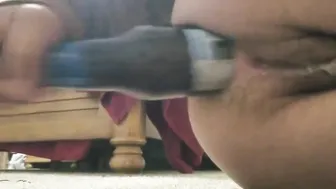 Unshaved twat takes bottle inside booty