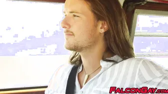 Jock barebacked and spitroasted after having his dick sucked